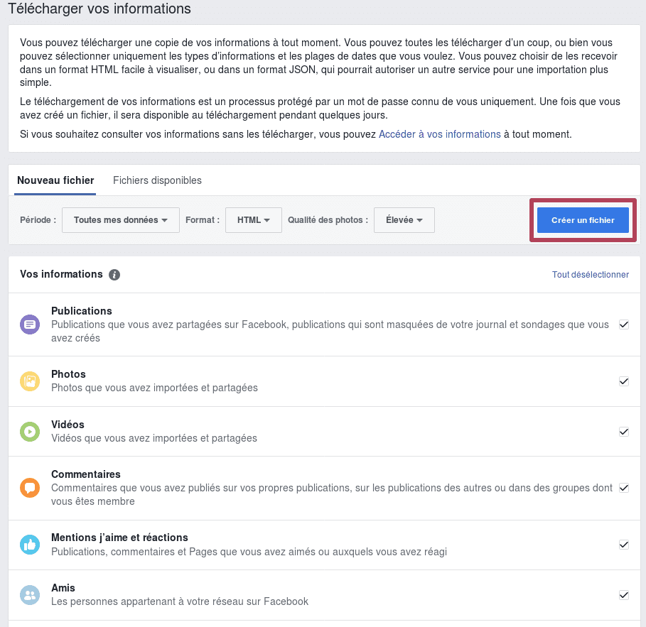 Liste des catégories d'export Facebook