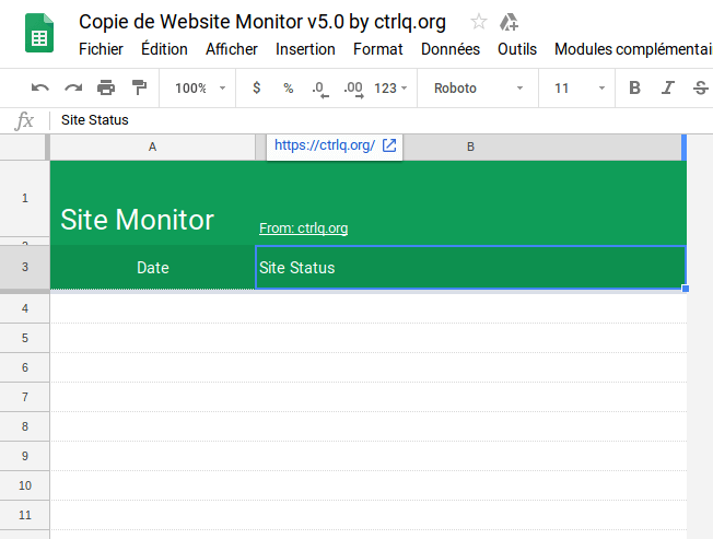 Classeur Excel Monitoring WebSite Google Drive