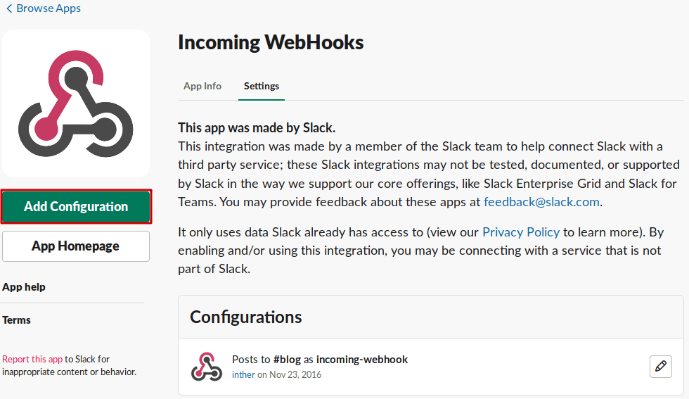 Slack - Ajout d'un WebHook