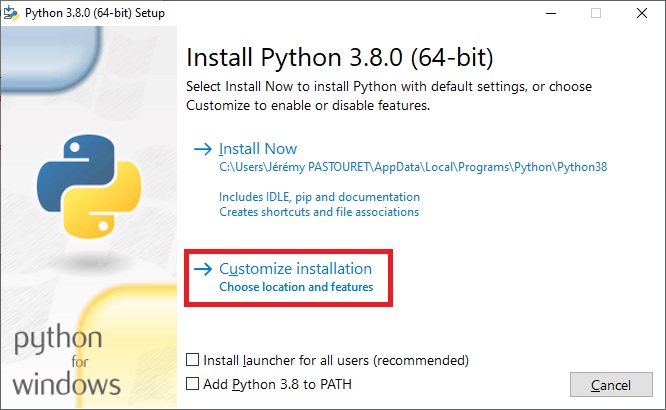 Installation de Python 3 - 64 bits - Customize