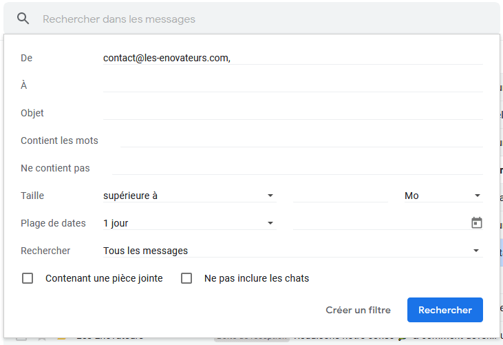 Critère de sélection - Gmail afin de créer des filtres