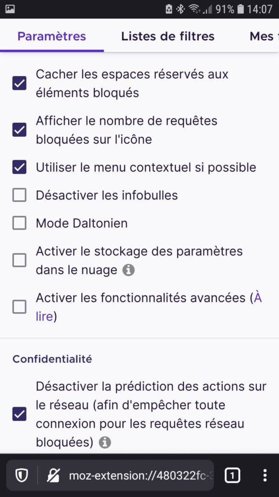 Liste des paramètres de l'extension uBlock Origin