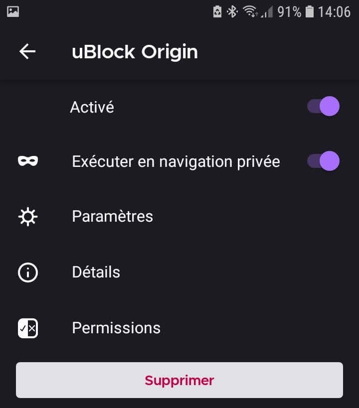 Paramètres de uBlock Origin dans Firefox
